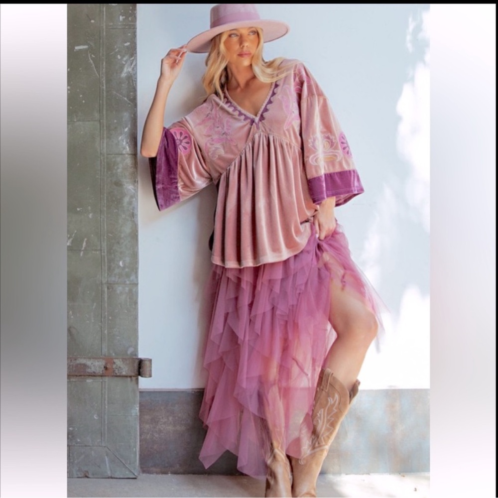 NEW EMBO DETAILING VELVET BABYDOLL BOHO RELAXED SILHOUETTE BLOUSE - Picture 7 of 7